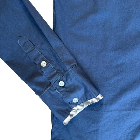 Blue Button Down Dress Shirt Mens Large Fitted Lapel Cuff Accent Going Out Chic - Picture 4 of 12
